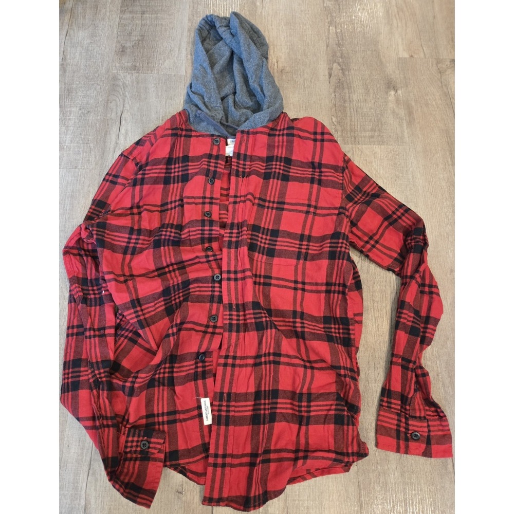 American Eagle Outfitters Men's M Red Black Plaid Flannel Hooded Shirt